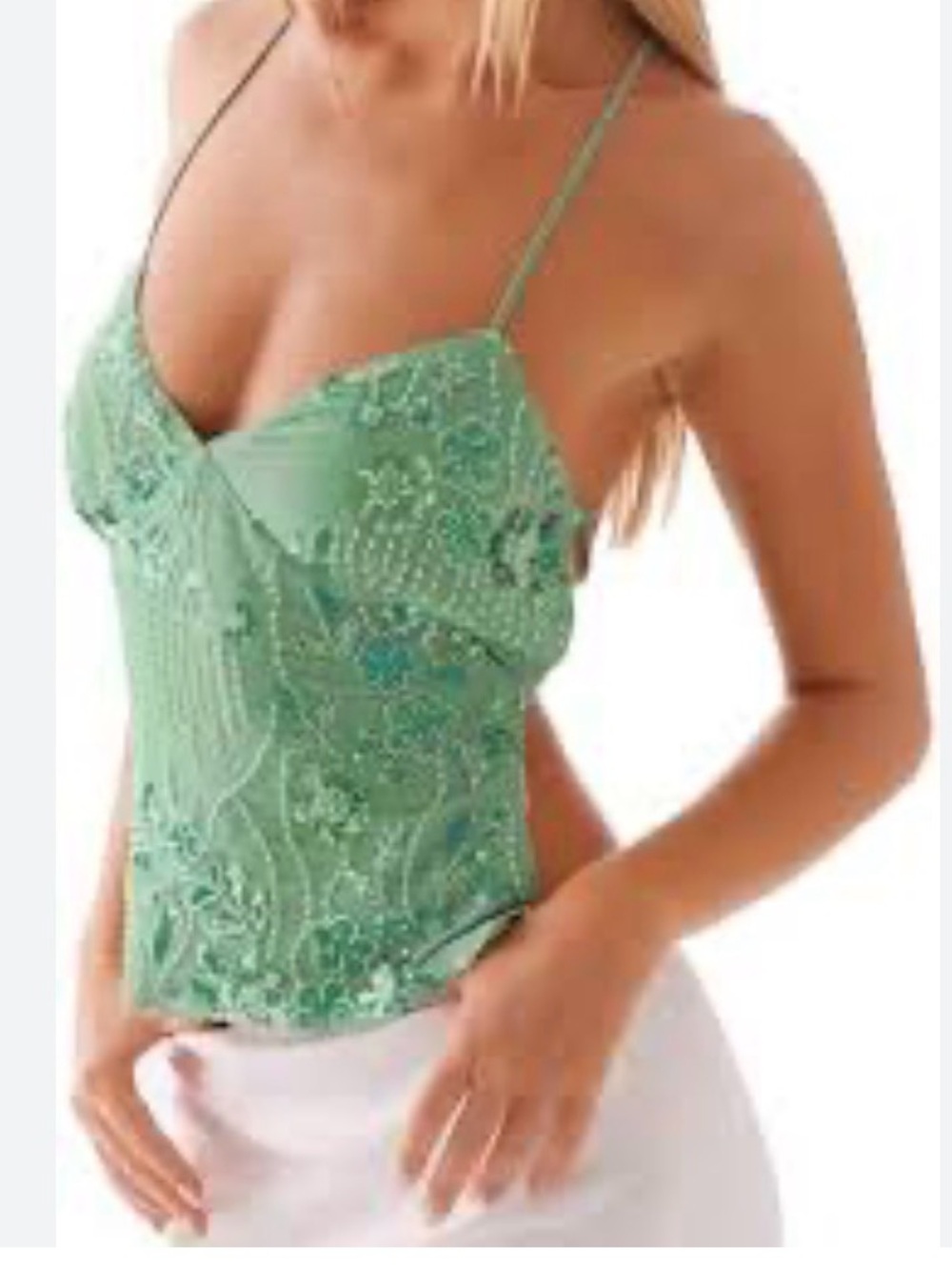 Embellished Sequined Backless Halter Top L Mint Green V-Neck Floral Glam